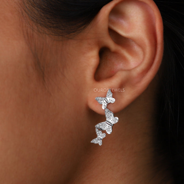[A Women wearing Butterfly Diamond Earrings]-[Ouros Jewels]