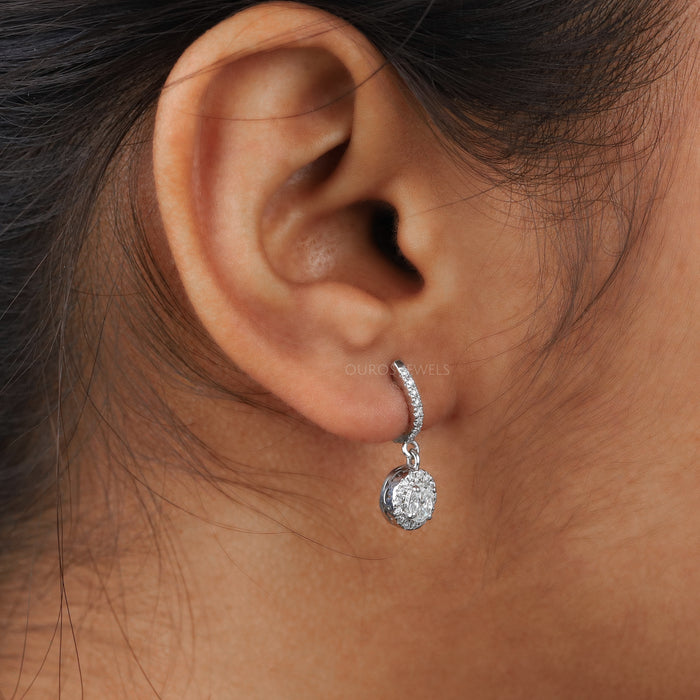 [A Women wearing Oval Halo of Round Cut Drop Earrings]-[Ouros Jewels]