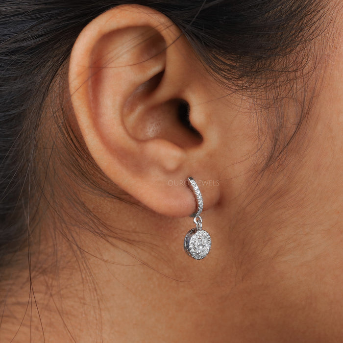 [A Women wearing Oval and Round Diamond Earrings]-[Ouros Jewels]
