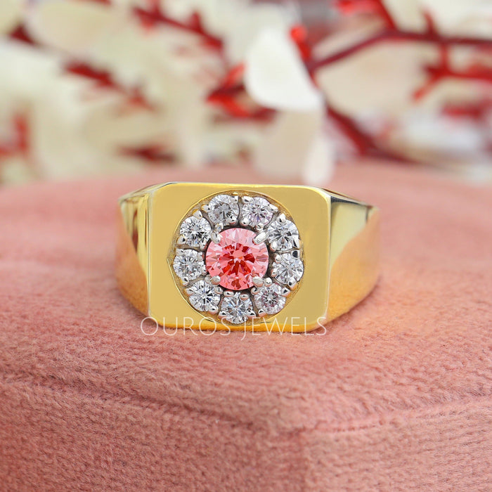[Front View of Pink Round Halo Ring]-[Ouros Jewels]