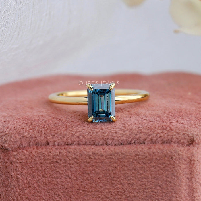 [4 Prong Set Blue Emerald Cut Diamond Solitaire Engagement Ring]-[Ouors Jewels] 
