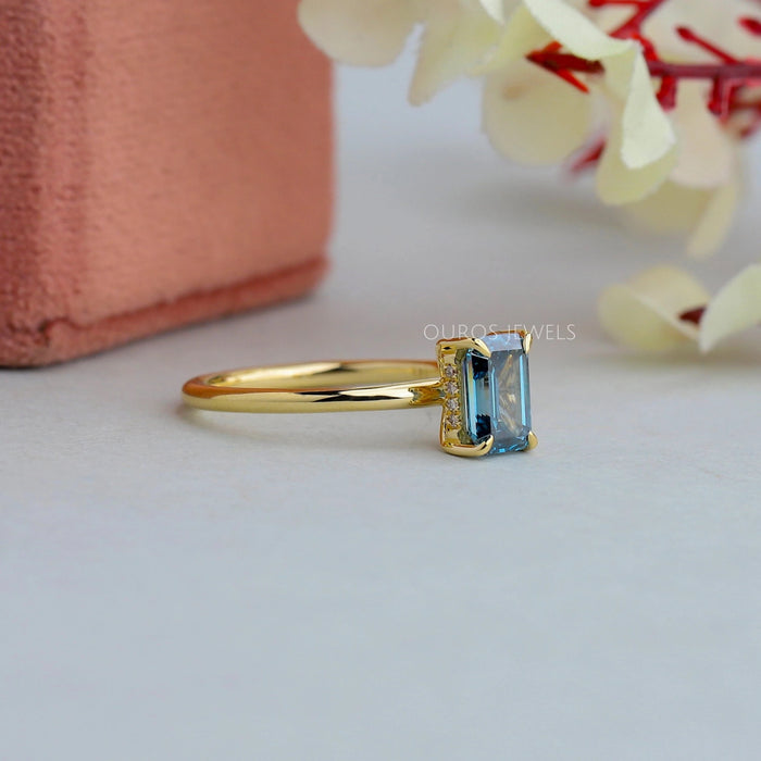 [Hidden Halo Blue Emerald Cut Diamond Solitaire Engagement Ring 18k Yellow Gold]-[Ouros Jewels]