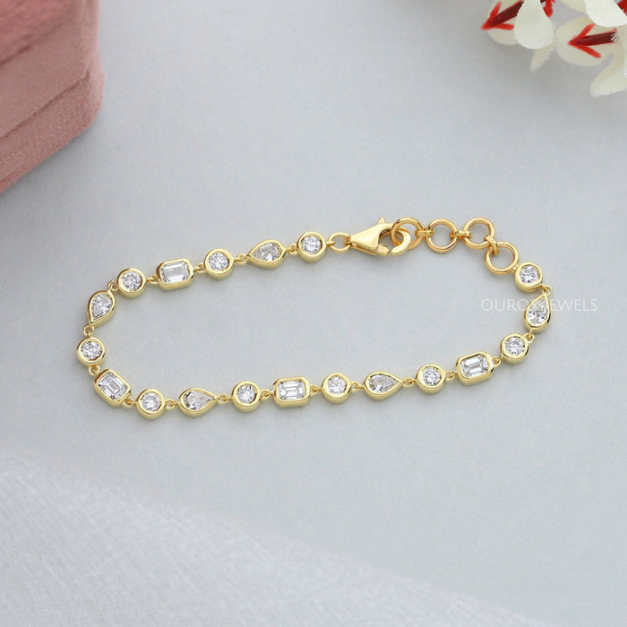 [Multi Shape Bezel Set Tennis Bracelet With Yellow Gold Metal]-[Ouros Jewels]
