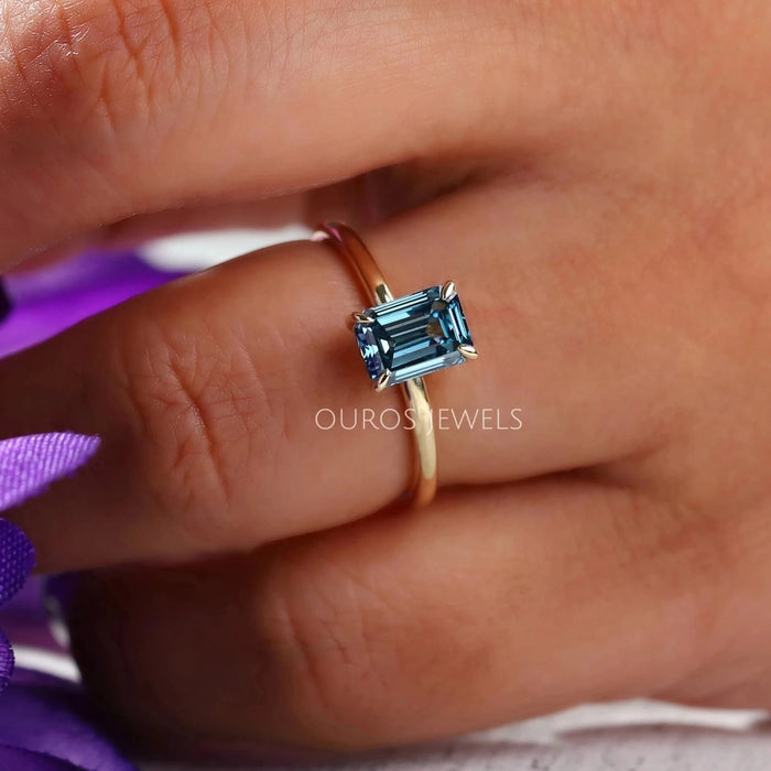 [Blue Emerald Cut Colored Diamond Engagement Ring]-[Ouros Jewels]