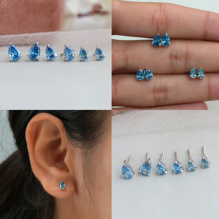 [Pear Shaped Diamond Earrings On Ear]-[Ouros Jewels]