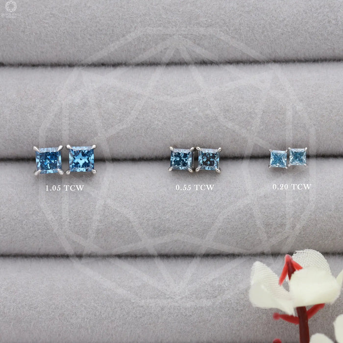Blue Princess Diamond Screw Back Stud Earrings