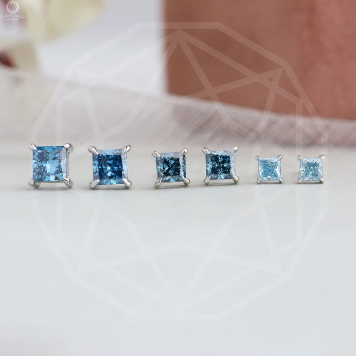 Blue Diamond Stud Earrings White Gold | Ouros Jewels