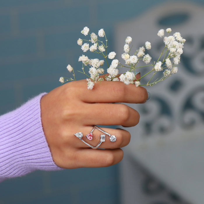 [A Women wearing Multi Shape Lab Diamond Dainty Ring]-[Ouros Jewels]