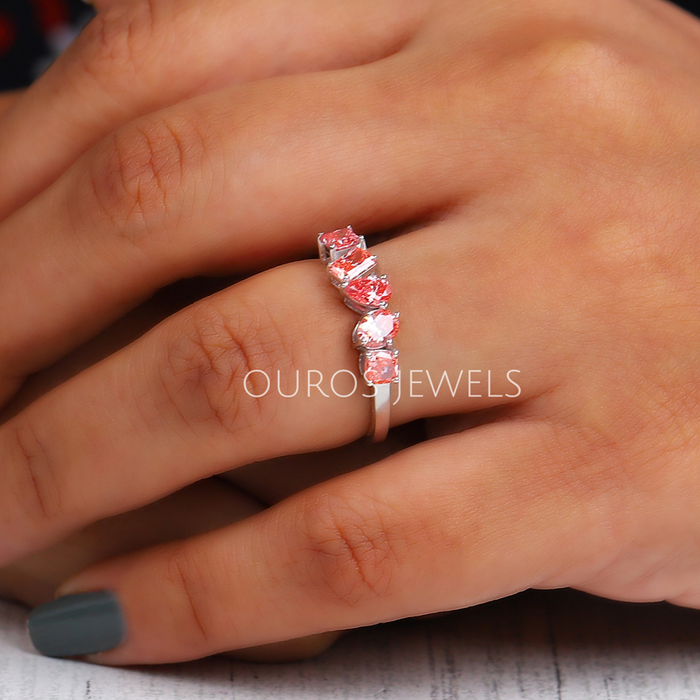 [Looks on Finger of Pink Color Multiple Diamonds in Ring]-[Ouros Jewels]
