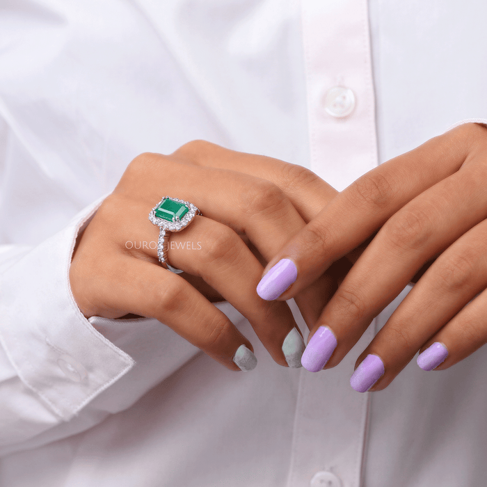 Natural Blue Green Sapphire & Halo Diamond Engagement Ring 14K White Gold
