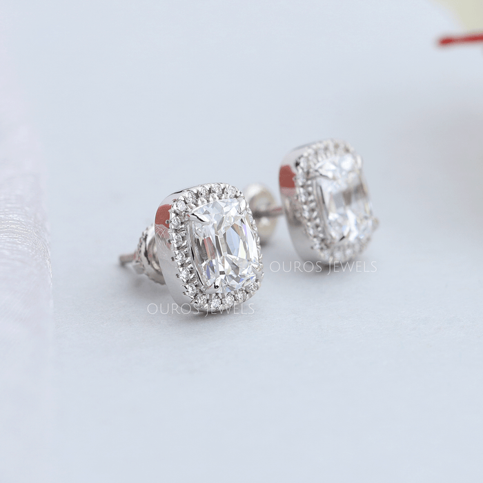 [Side Appearance Of Cushion Cut Halo Stud Earrings]-[Ouros Jewels]