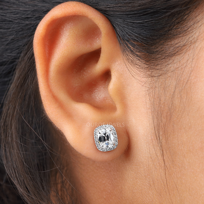 [In Ear View Of Cushion Cut Stud Earrings]-[Ouros Jewels]