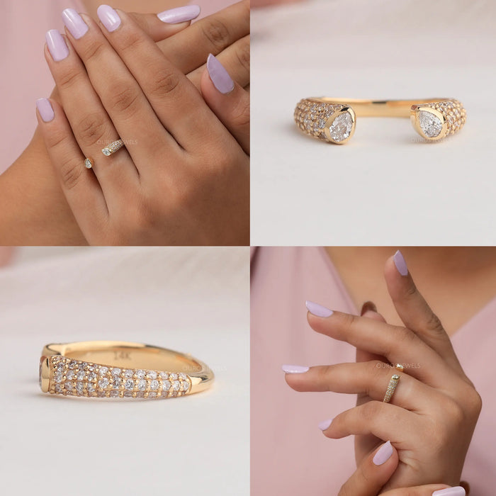 Collage of 14K Yellow Gold Pear Diamond Open Cuff Ring