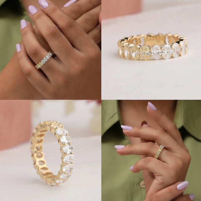 Collage of Oval cut full eternity wedding ring in yellow gold