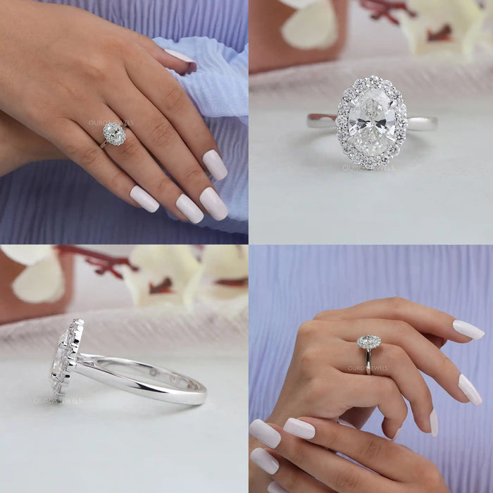 Collage of oval diamond halo engagement ring