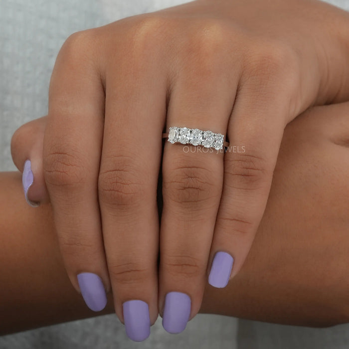 [A Women wearing Five Stone Engagement Ring]-[Ouros Jewels]