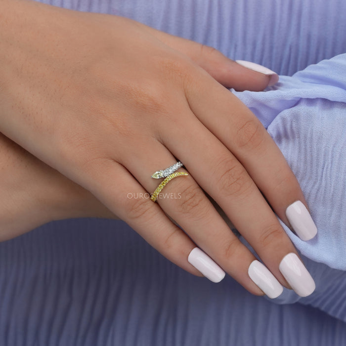 [A Women wearing Pear and Round Diamond Bypass Ring]-[Ouros Jewels]