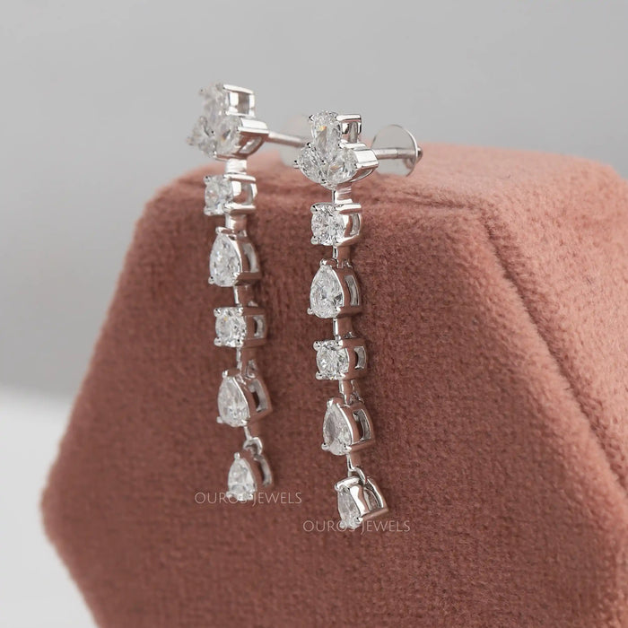 14k white gold screw back lab made diamond earrings with pear and round brilliant cut diamonds