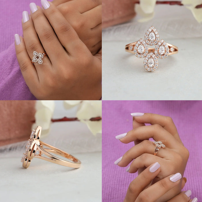 Collage of pear cut lab made diamond ring created with halo setting and rose gold at Ouros Jewels