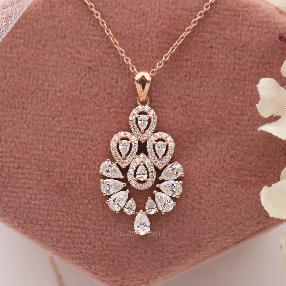 Flower Style Pear Cut Diamond Halo Pendant
