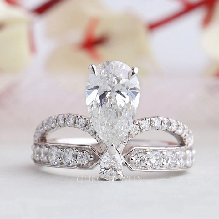 [Pear Cut Crown Style Bridal Engagement Ring]-[Ouros Jewels]