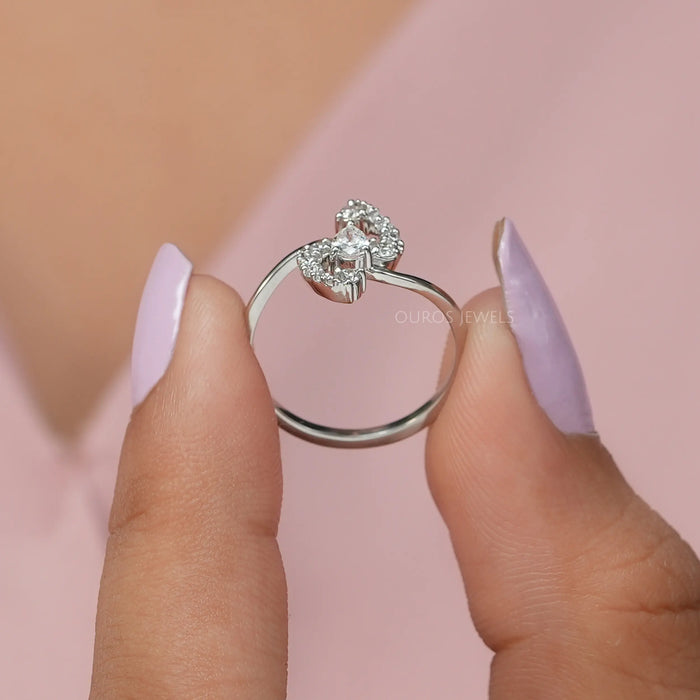 Close up look of pear shaped diamond engagement ring