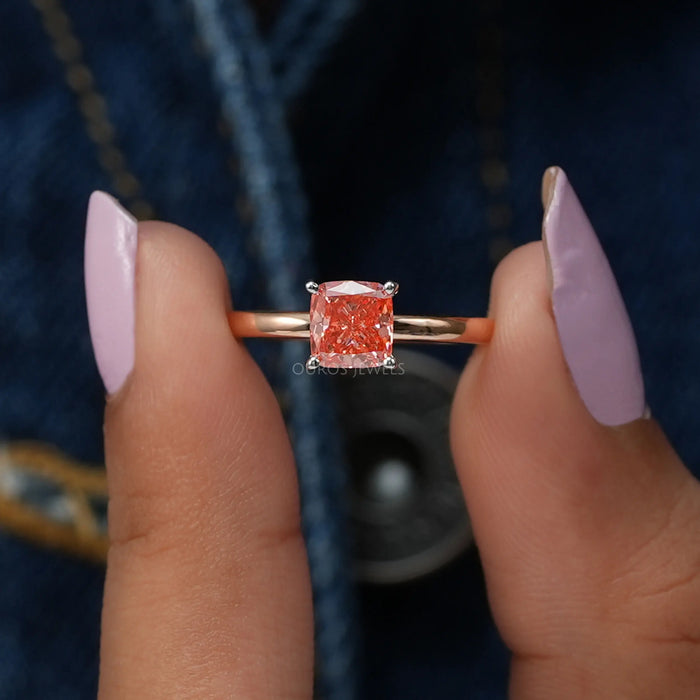 Pink Cushion diamond ring with Solitaire Setting in Rose Gold