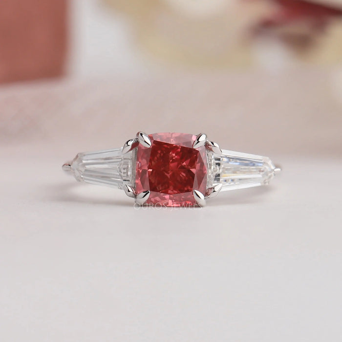 Front Look Of Three stone Diamond Ring with Pink Cushion Diamond In White Gold