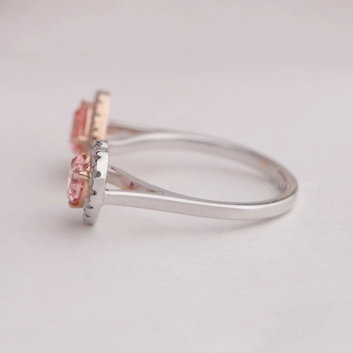 14k white gold open cuff diamond wedding ring made with pink heart shaped lab diamonds