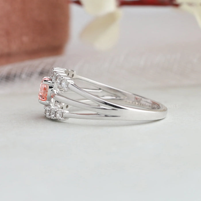 14k white gold three row split shank of pink heart shape lab made diamond engagement ring