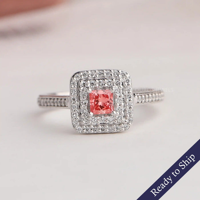 Pink princess cut lab grown diamond engagement ring with double halo of round diamonds in 14k white gold