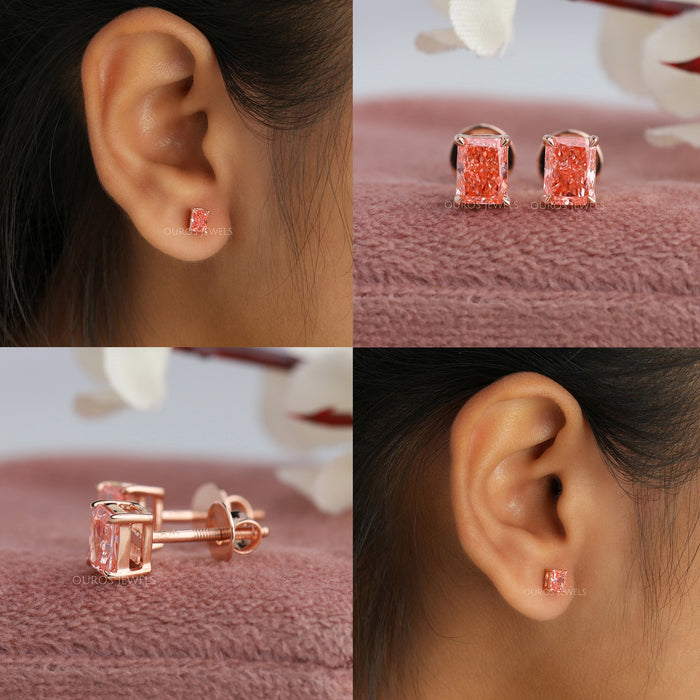 Collage of radiant cut pink diamond earrings
