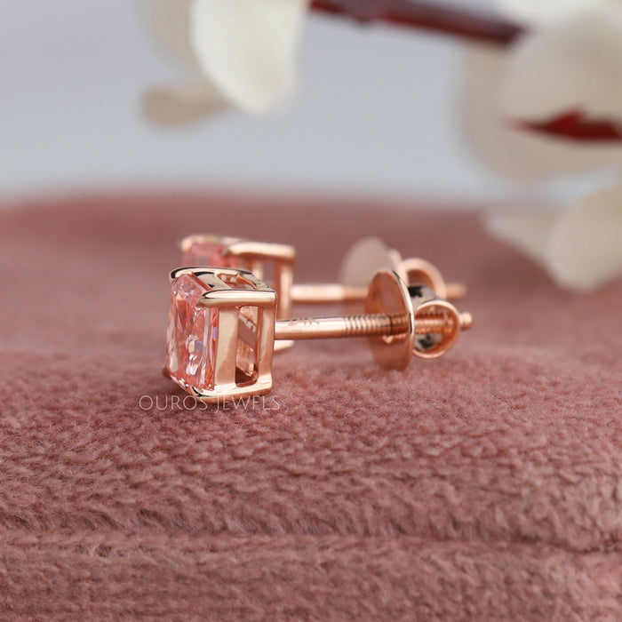 Pink radiant cut stud earrings with screw back setting in 14k rose gold