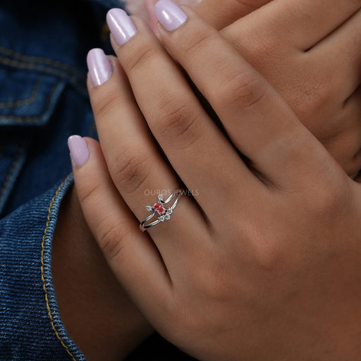 [A Women wearing Pink Oval Cluster Diamond Ring]-[Ouros Jewels]