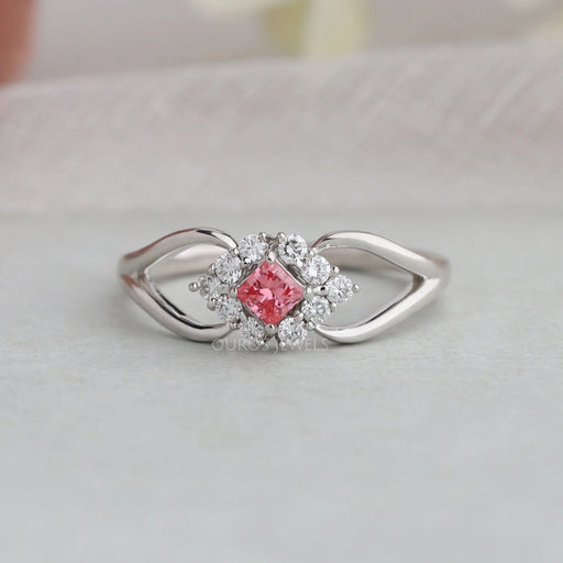[0.15 Carat Pink Princess Cut Halo Split Shank Diamond Engagement Ring]-[Ouros Jewels]