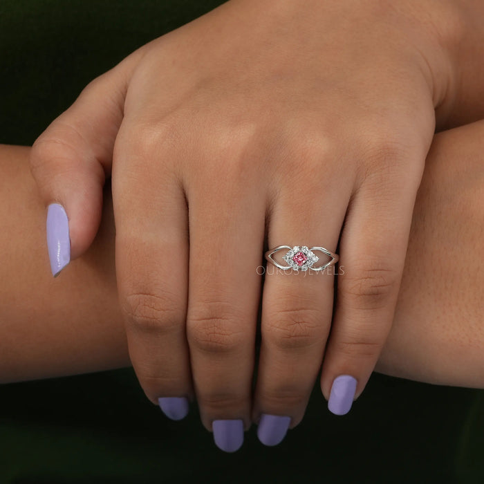 [On Finger View Of Pink Diamond Halo Diamond Dainty Ring]-[Ouros Jewels]