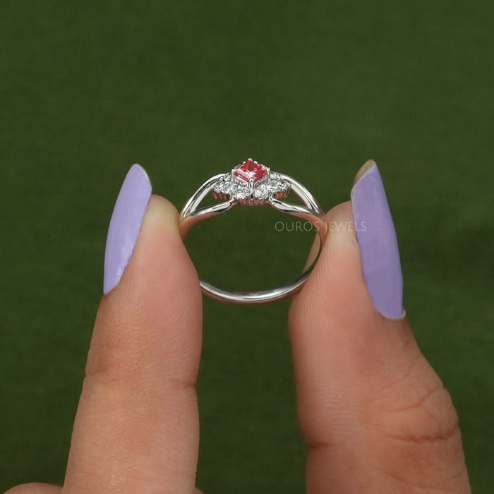 [Front Side View Of Pink Diamond Halo Dainty Engagement Ring]-[Ouros Jewels]