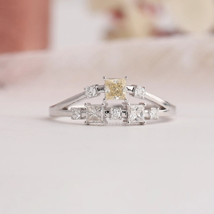 Cluster setting of Princess cut diamond ring in white gold