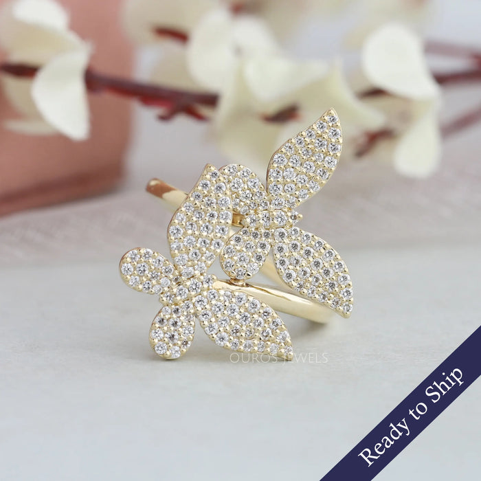 Front view of butterfly cluster diamond ring in yellow gold, a perfect gift for anniversary.