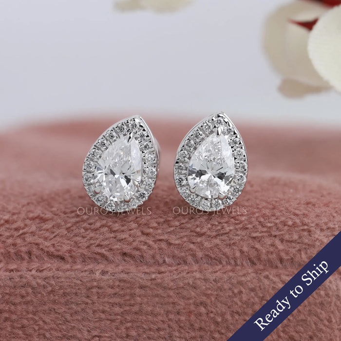[Pear Cut Halo Diamond Stud Earrings]-[Ouros Jewels]