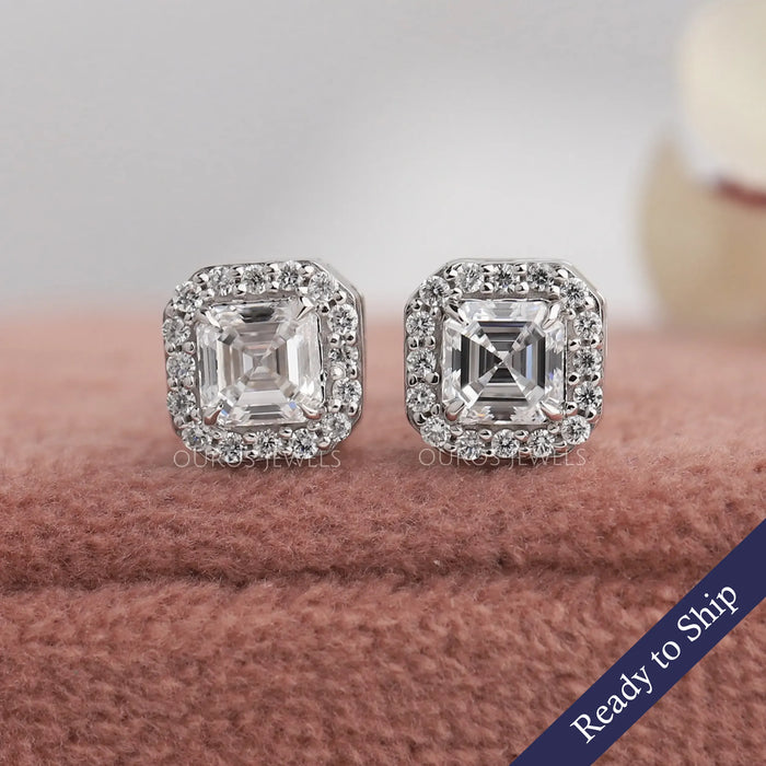 Asscher cut lab diamond stud earrings with halo setting and claw prongs crafted in 14k white gold