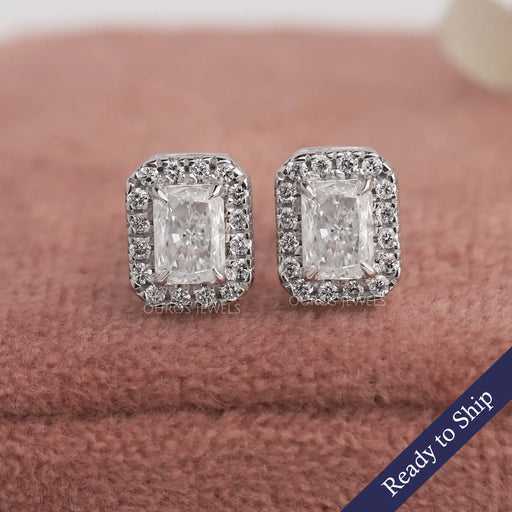 Radiant cut lab grown diamond stud earrings with exquisite halo setting and claw prongs in 14k white gold