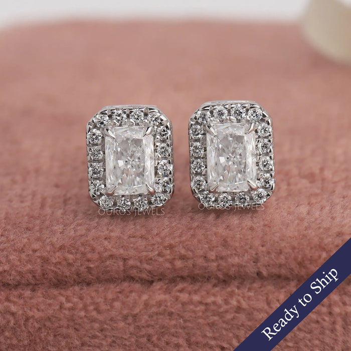 Radiant cut lab grown diamond stud earrings with exquisite halo setting and claw prongs in 14k white gold