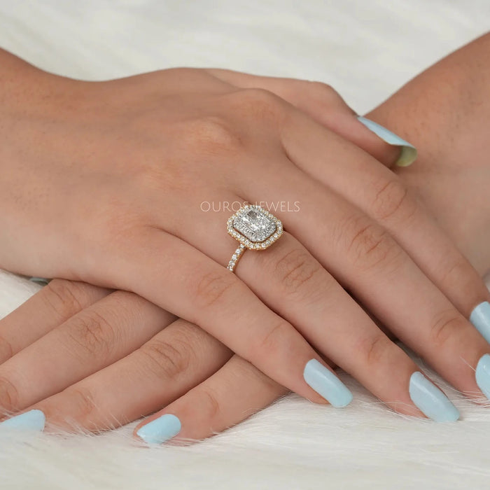 [Stylish Double Halo Solitaire Engagement Ring Wearing In a Finger ]-[Ouros Jewels]