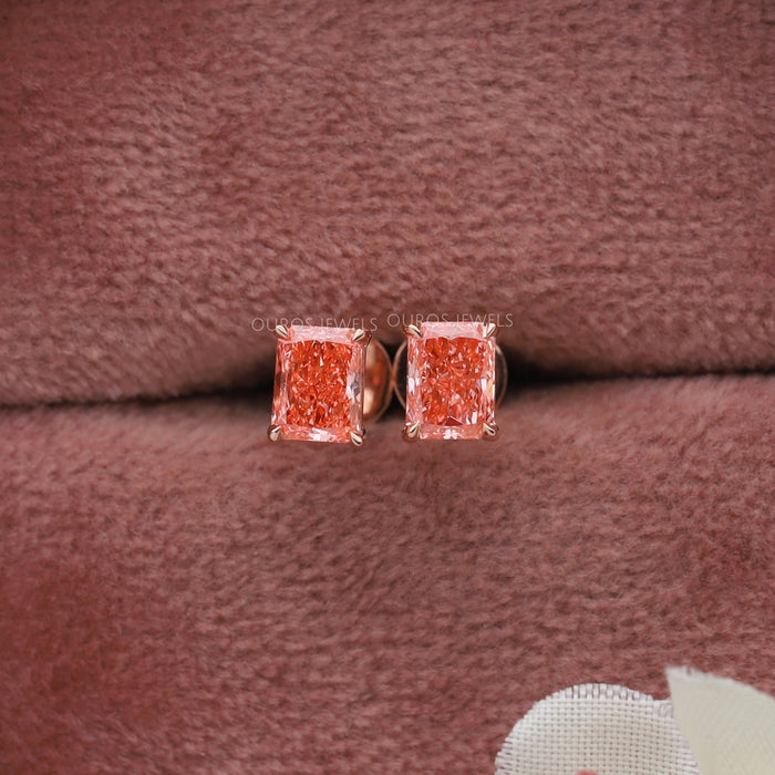 [Pink Radiant Cut Lab Diamond Stud Earrings]-[Ouros Jewels]