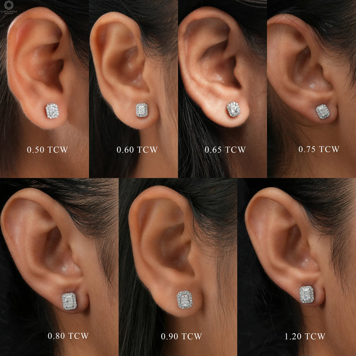 In ear look of different carat weights available with this radiant cut lab created diamond halo stud earrings  