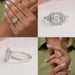 Collage of radiant diamond engagement ring with round halo and accent stones