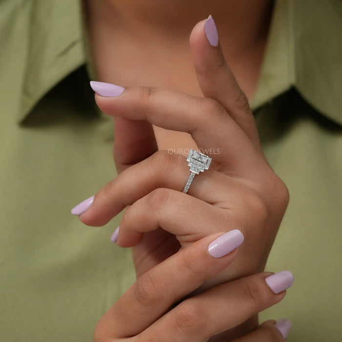 In finger side look of radiant cut lab grown diamond ring