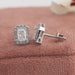 Radiant cut lab grown diamond stud earrings with a halo setting and claw prongs with screw back back style