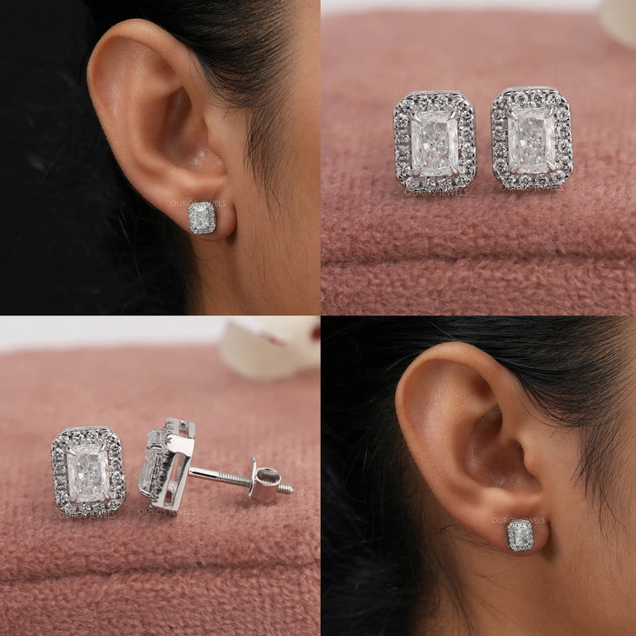 A perfect pair of radiant cut lab created diamond stud earrings in halo style crafted in 14k white gold